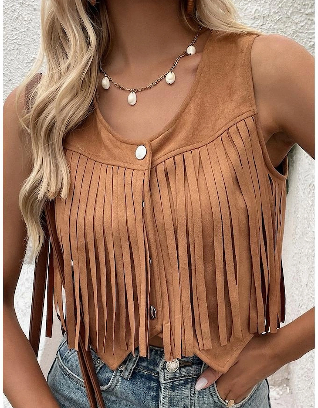 Camel Fringed Snap Button Front Suedette Vest