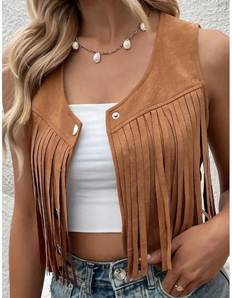 Camel Fringed Snap Button Front Suedette Vest