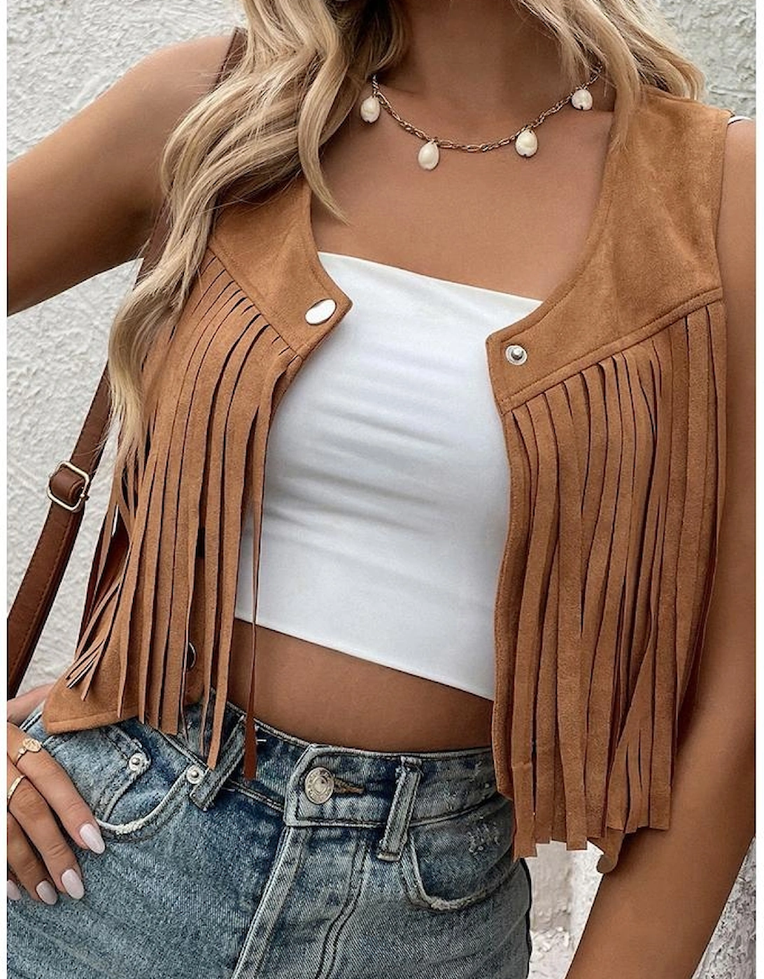 Camel Fringed Snap Button Front Suedette Vest