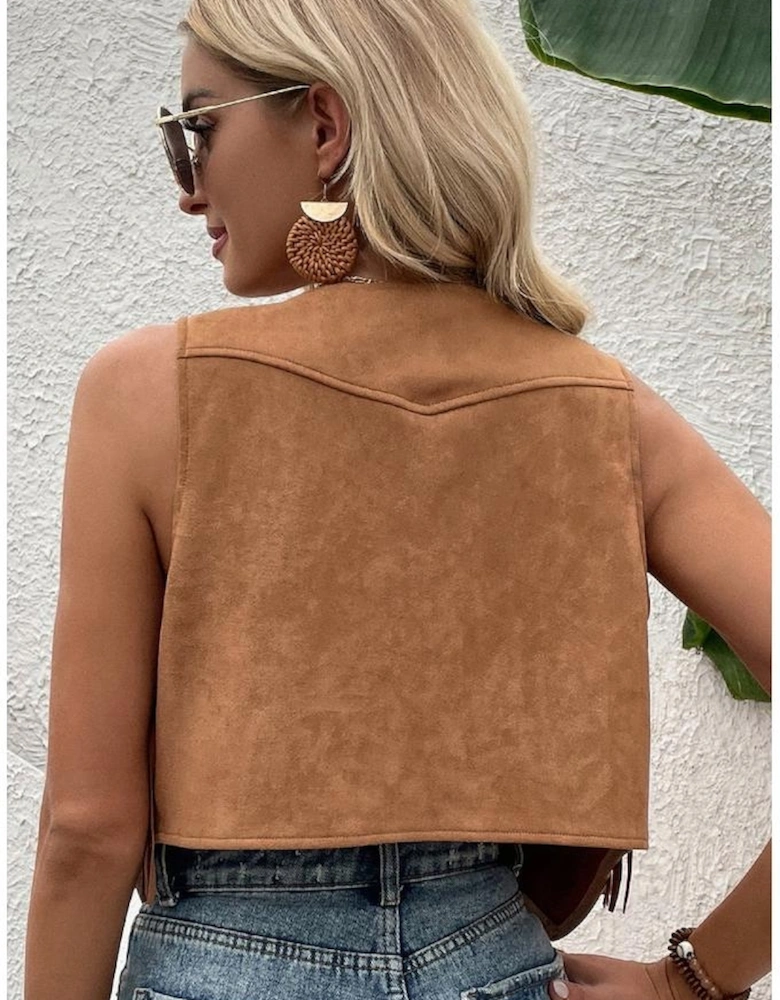 Camel Fringed Snap Button Front Suedette Vest