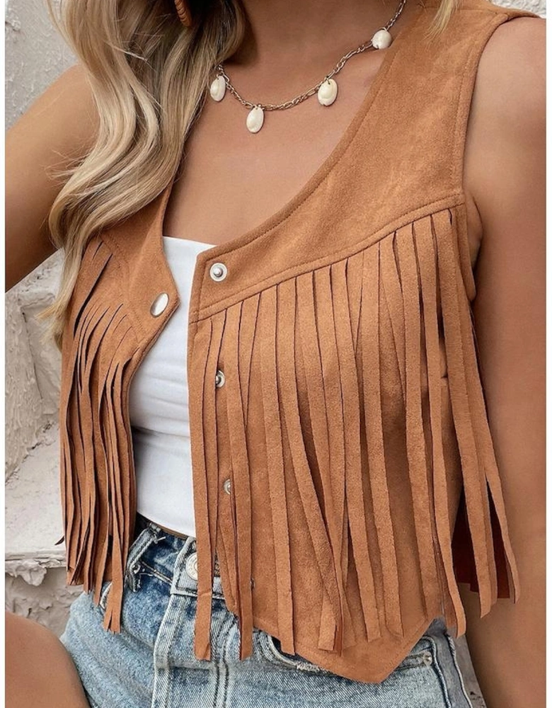 Camel Fringed Snap Button Front Suedette Vest