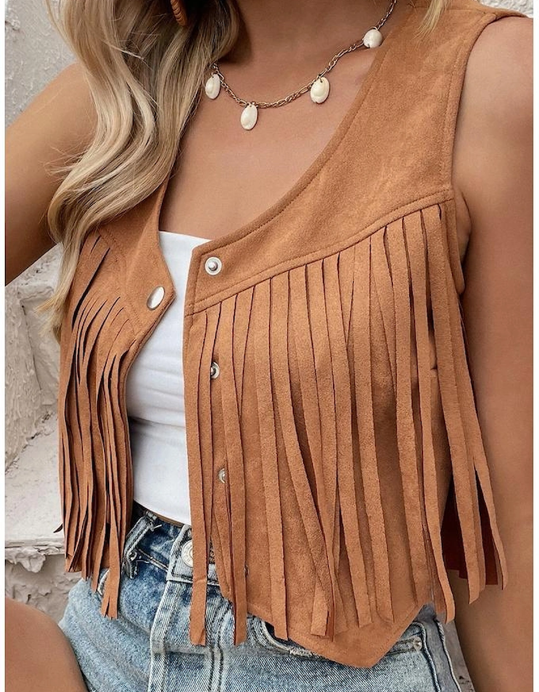 Camel Fringed Snap Button Front Suedette Vest, 13 of 12