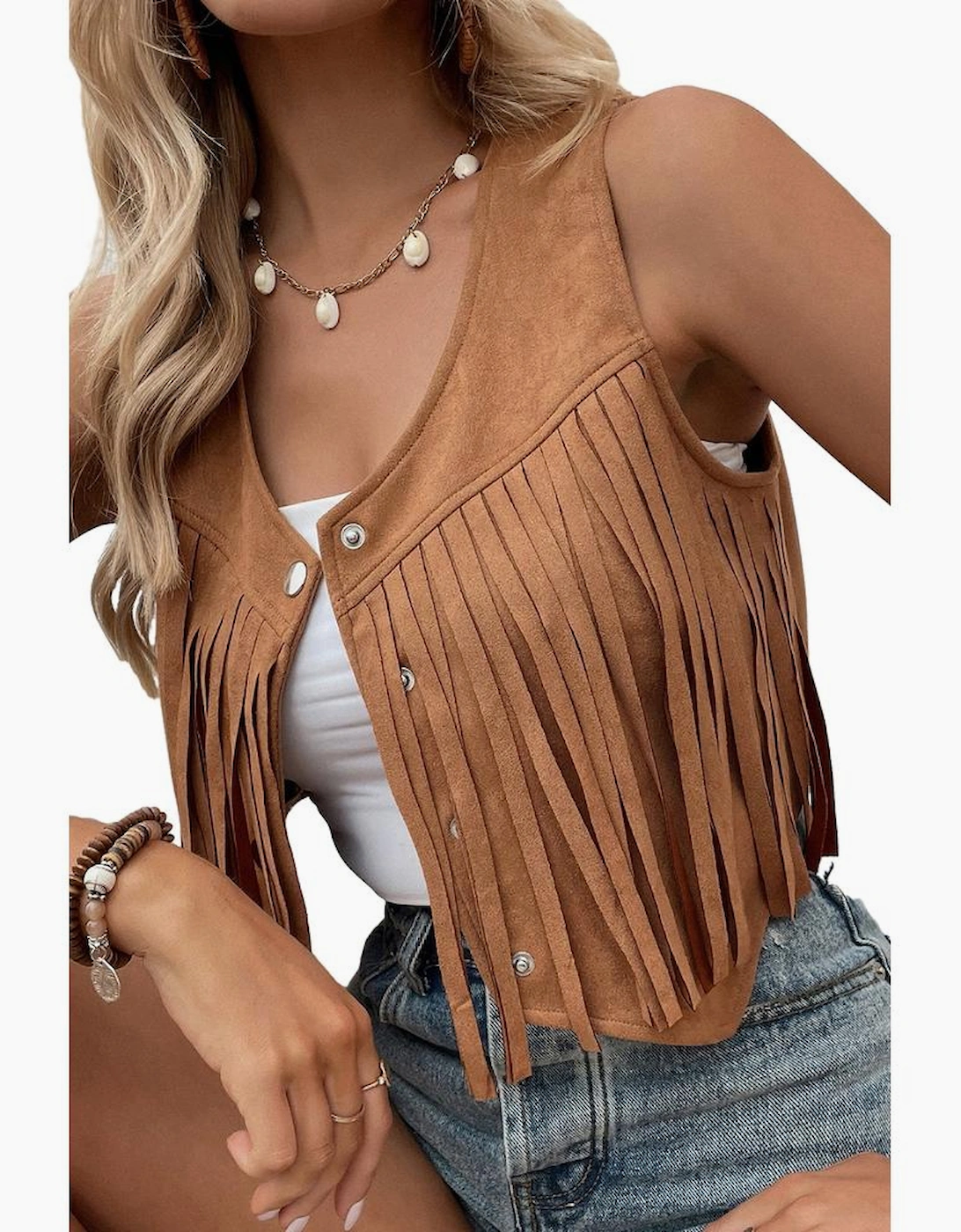 Camel Fringed Snap Button Front Suedette Vest
