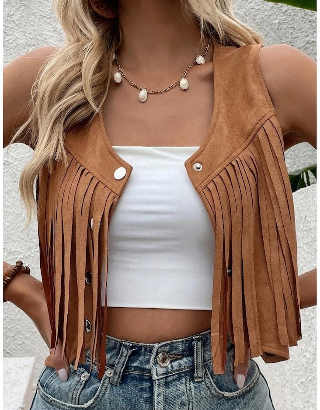 Camel Fringed Snap Button Front Suedette Vest