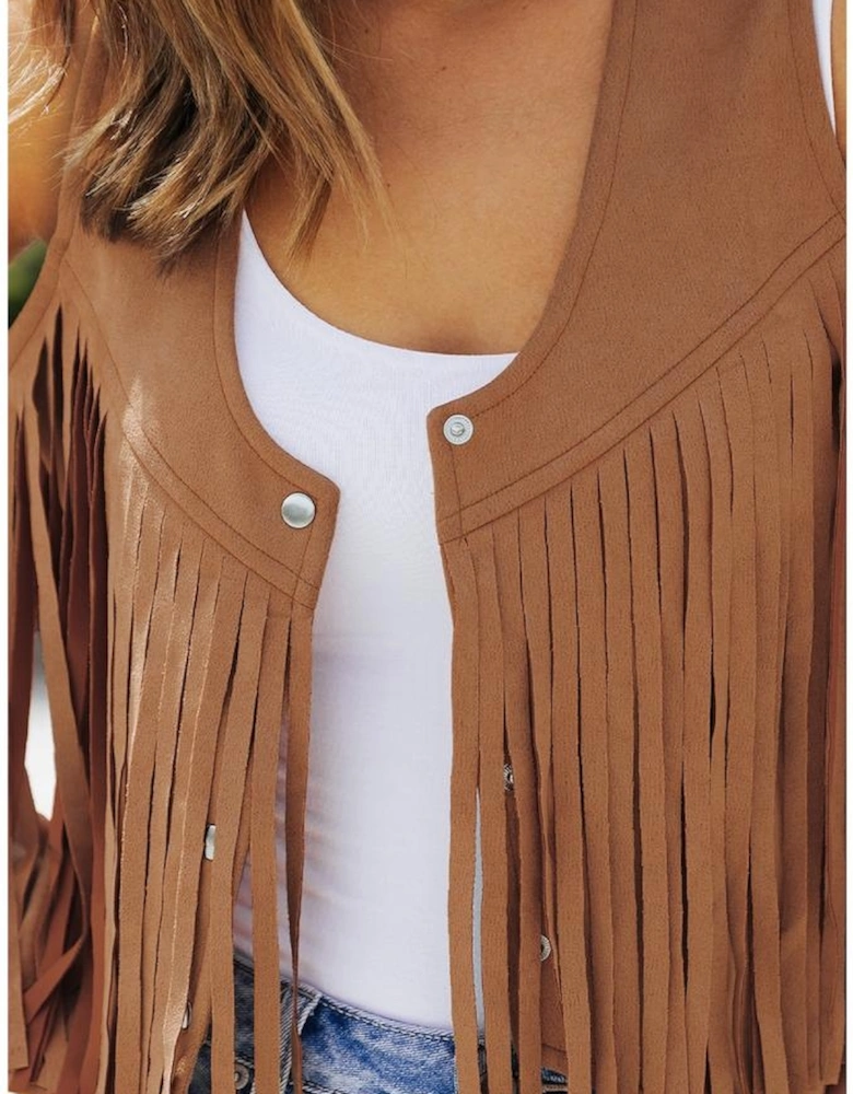 Camel Fringed Snap Button Front Suedette Vest