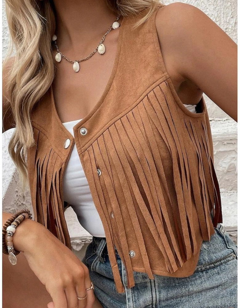 Camel Fringed Snap Button Front Suedette Vest