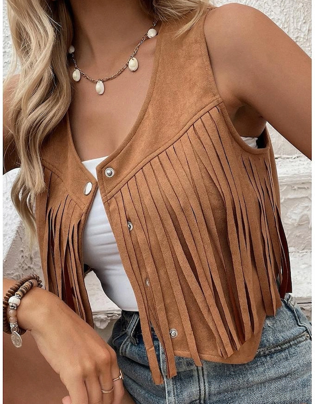 Camel Fringed Snap Button Front Suedette Vest