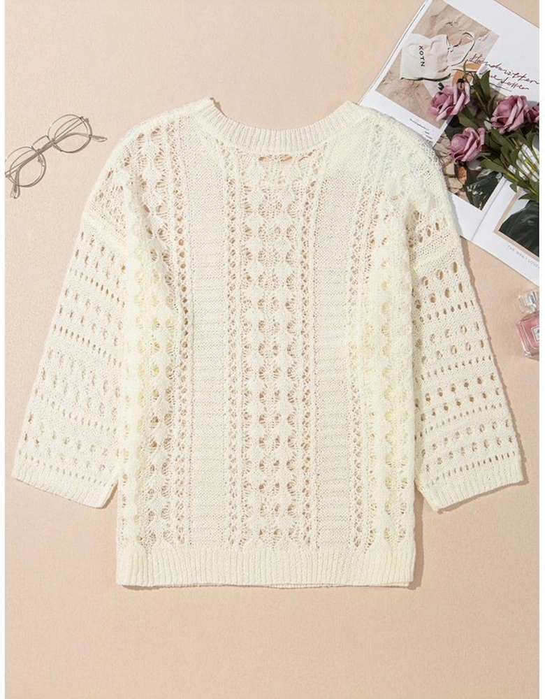 Azura Exchange White Hollow Out Knit Bracelet Sleeve Drop Shoulder Sweater