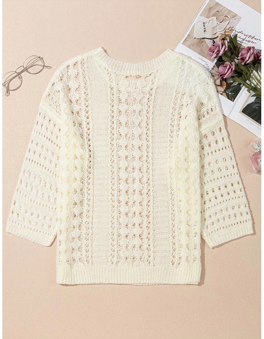 Azura Exchange White Hollow Out Knit Bracelet Sleeve Drop Shoulder Sweater
