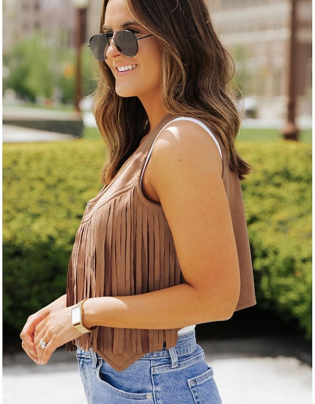 Camel Fringed Snap Button Front Suedette Vest