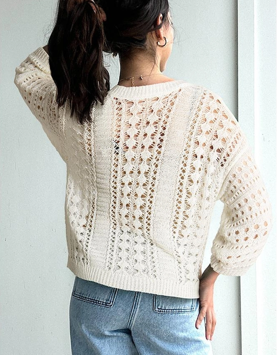 Azura Exchange White Hollow Out Knit Bracelet Sleeve Drop Shoulder Sweater