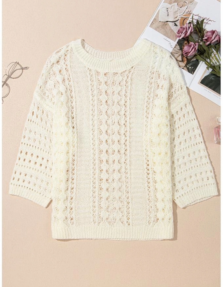 Azura Exchange White Hollow Out Knit Bracelet Sleeve Drop Shoulder Sweater