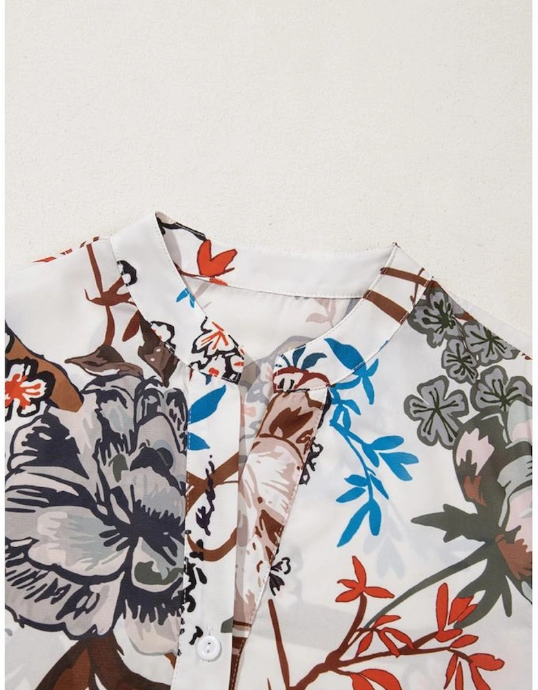 White Floral Print Balloon Sleeves Button Up Loose Casual Shirt