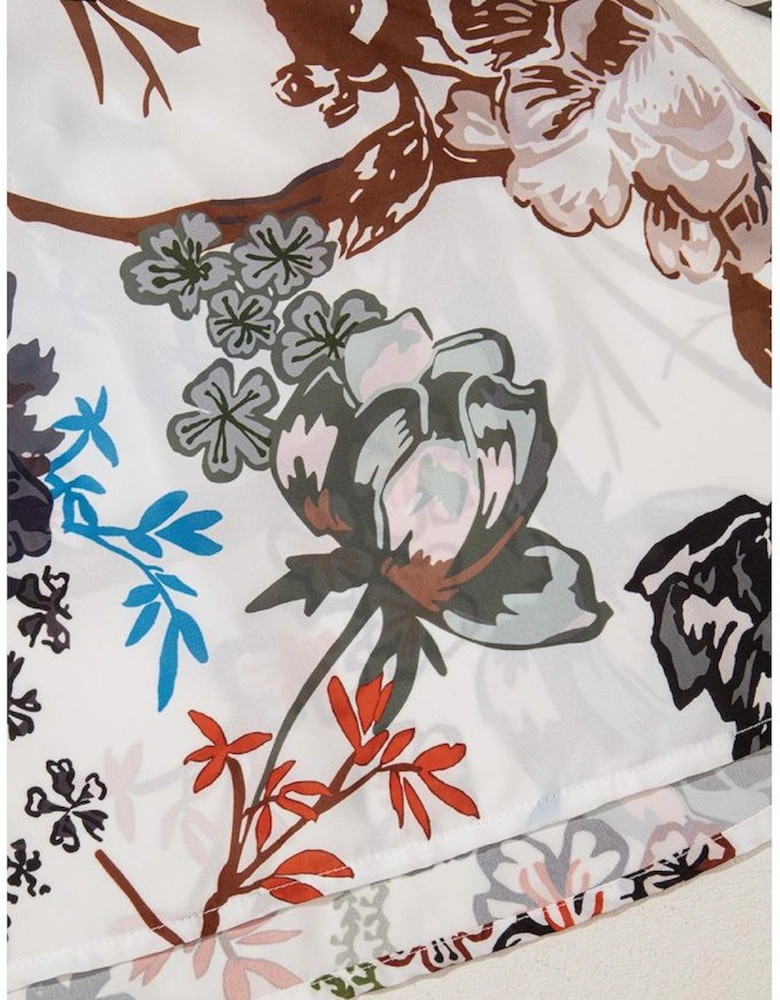 White Floral Print Balloon Sleeves Button Up Loose Casual Shirt