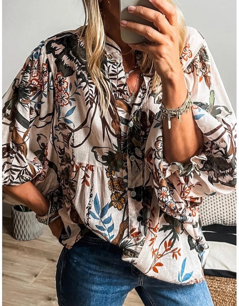 White Floral Print Balloon Sleeves Button Up Loose Casual Shirt