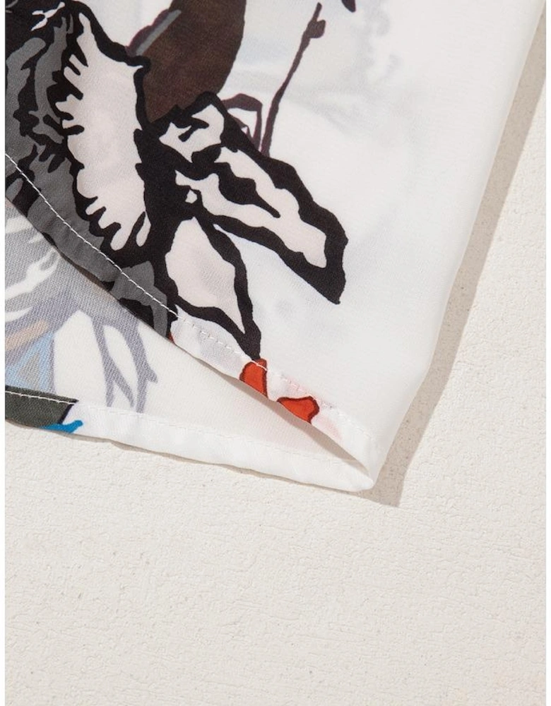 White Floral Print Balloon Sleeves Button Up Loose Casual Shirt