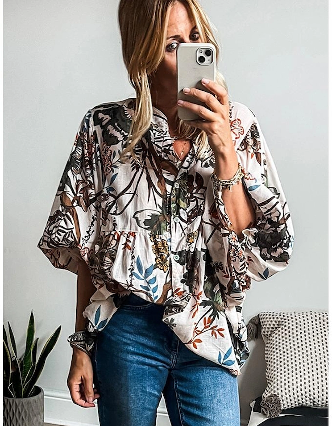 White Floral Print Balloon Sleeves Button Up Loose Casual Shirt