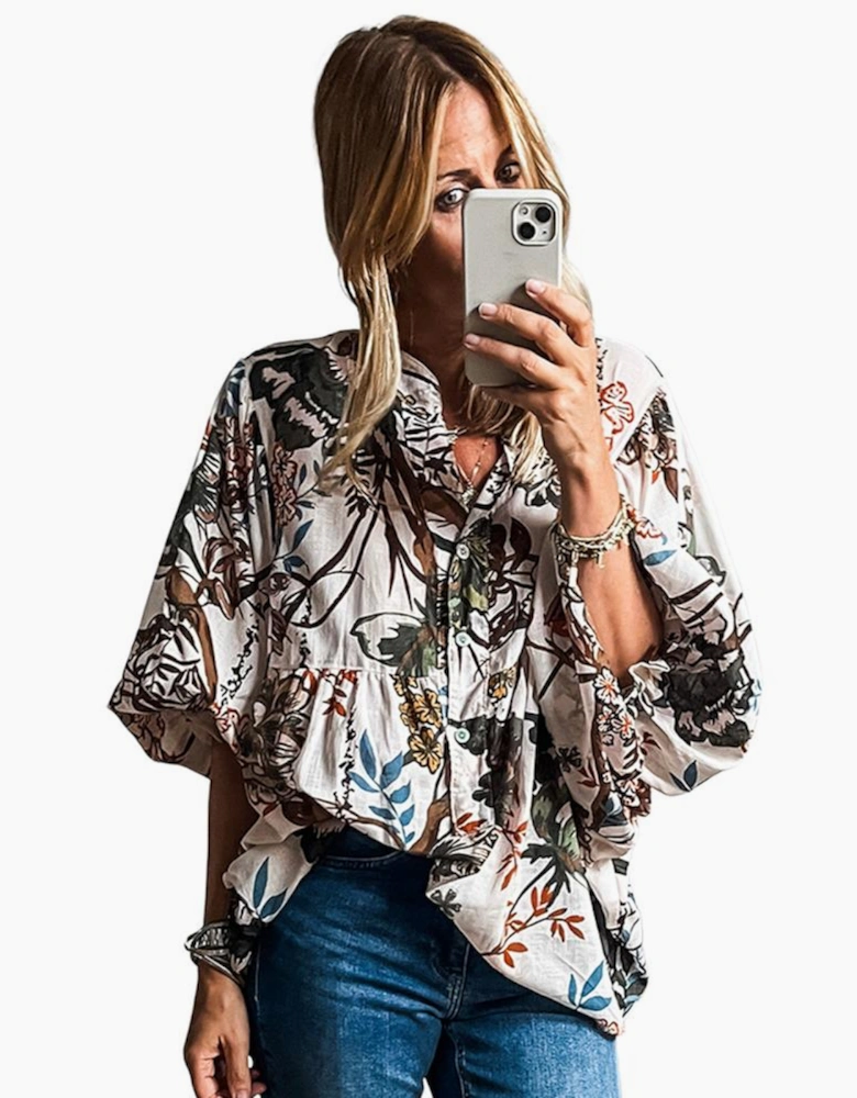 White Floral Print Balloon Sleeves Button Up Loose Casual Shirt