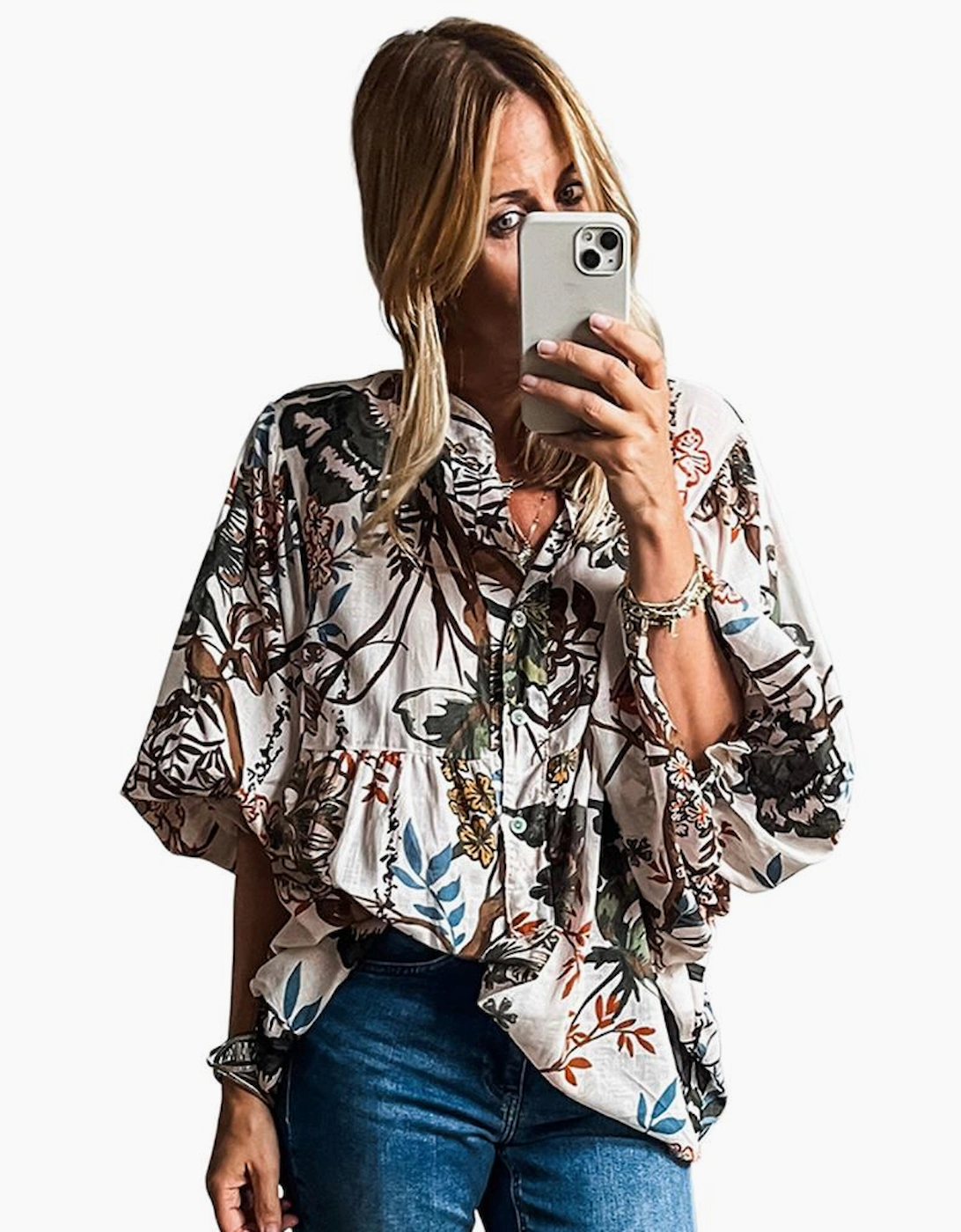White Floral Print Balloon Sleeves Button Up Loose Casual Shirt