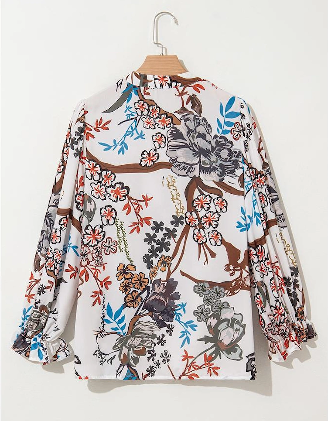 White Floral Print Balloon Sleeves Button Up Loose Casual Shirt