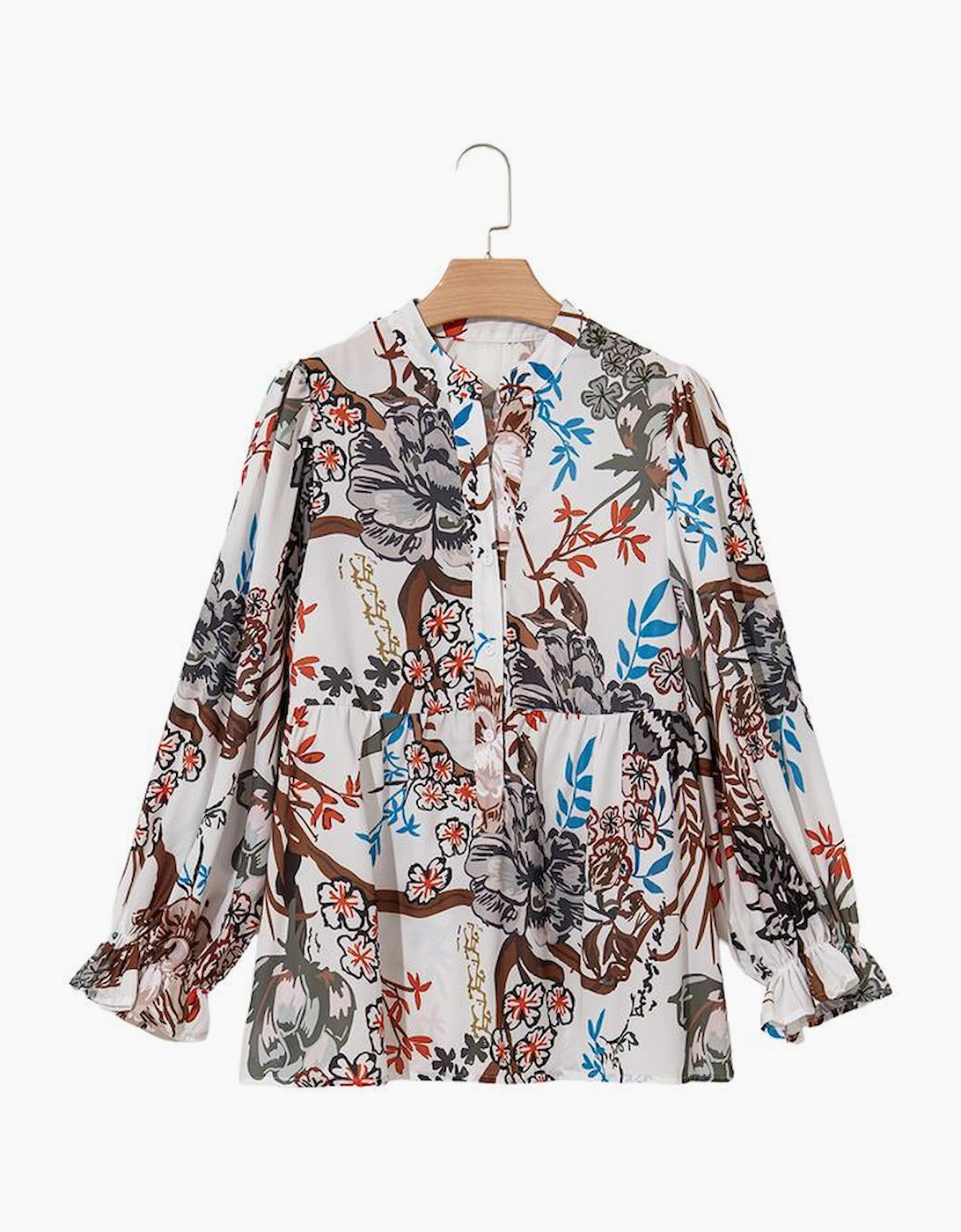 White Floral Print Balloon Sleeves Button Up Loose Casual Shirt