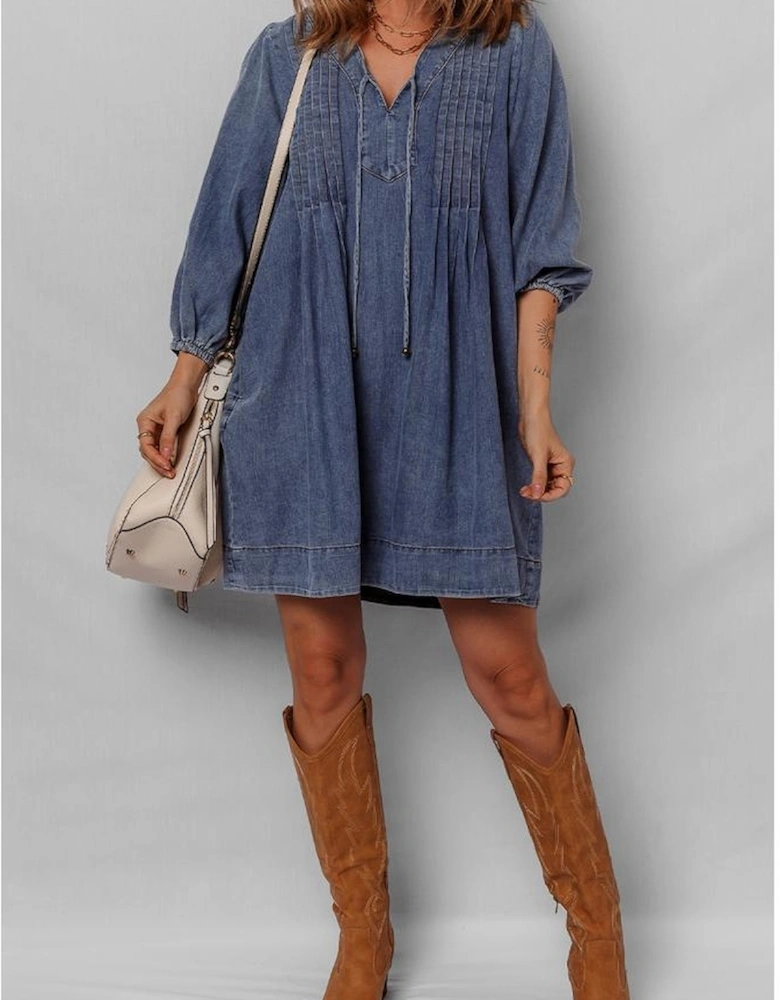 Sail Blue 3/4 Sleeve Tied V Neck Pleated Denim Mini Dress