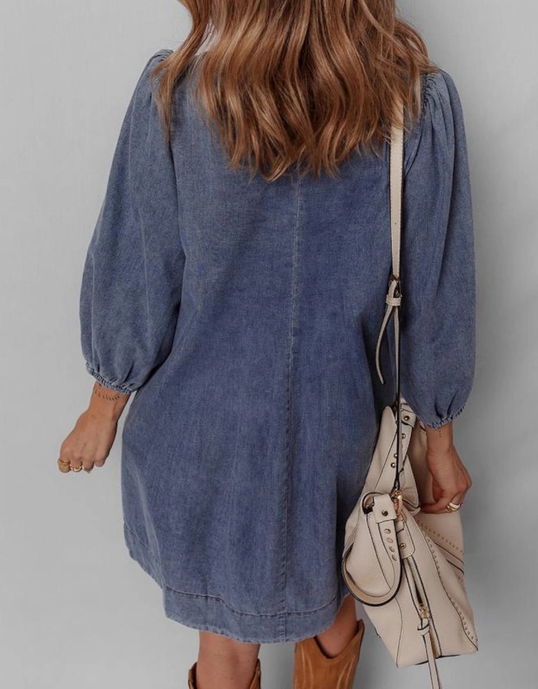 Sail Blue 3/4 Sleeve Tied V Neck Pleated Denim Mini Dress