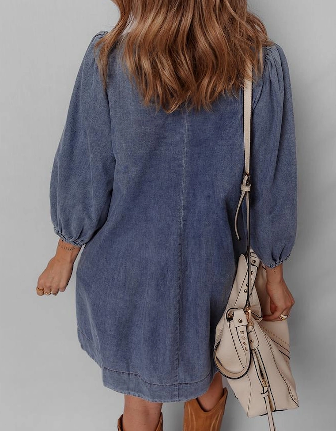 Sail Blue 3/4 Sleeve Tied V Neck Pleated Denim Mini Dress, 9 of 8