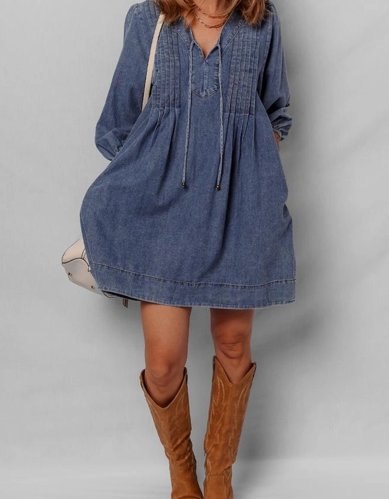 Sail Blue 3/4 Sleeve Tied V Neck Pleated Denim Mini Dress