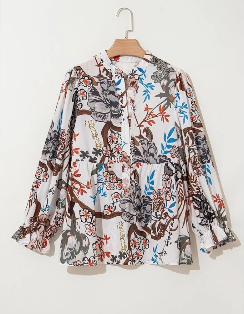 White Floral Print Balloon Sleeves Button Up Loose Casual Shirt