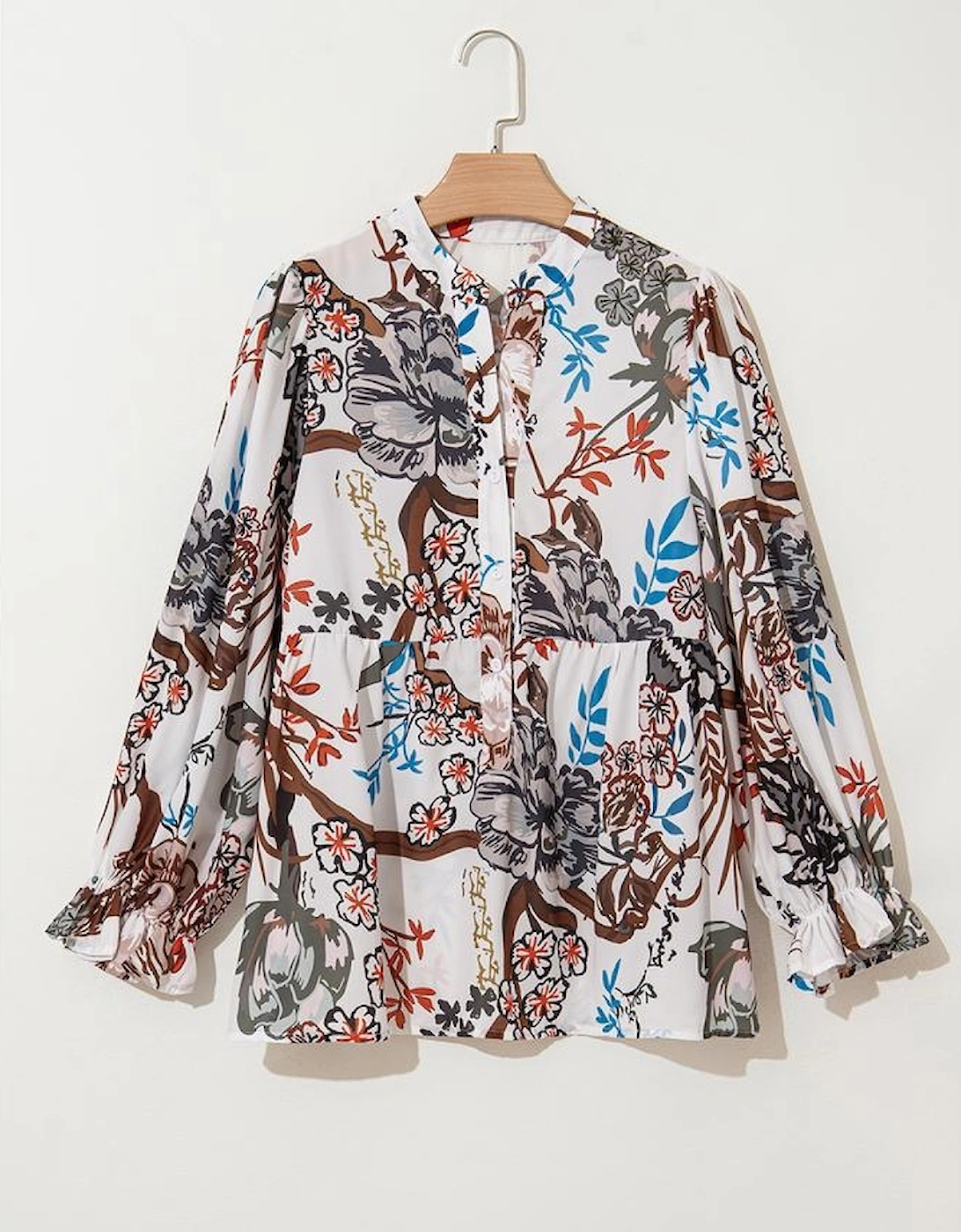 White Floral Print Balloon Sleeves Button Up Loose Casual Shirt