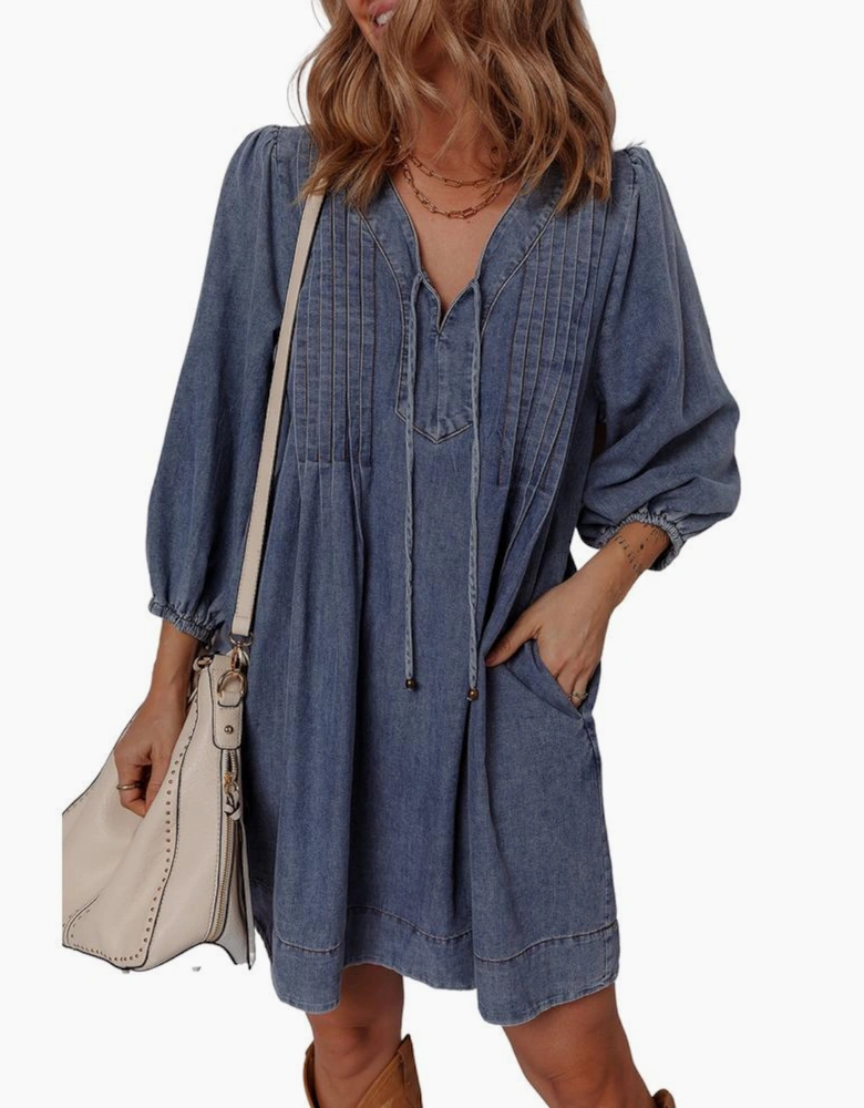 Sail Blue 3/4 Sleeve Tied V Neck Pleated Denim Mini Dress