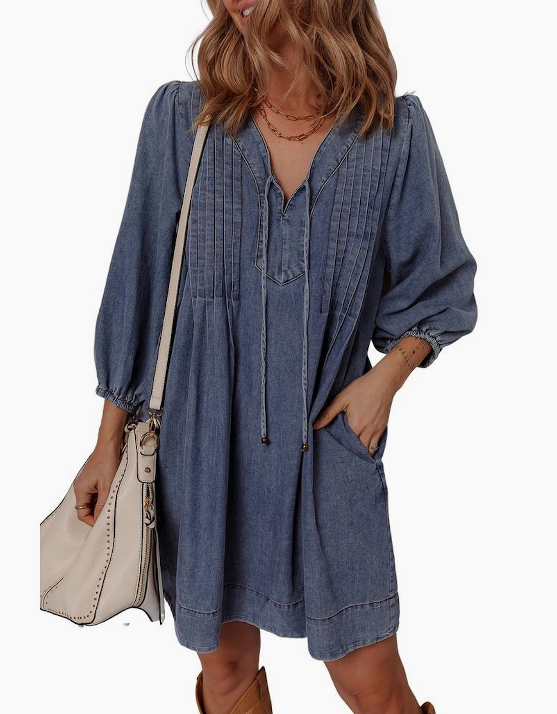 Sail Blue 3/4 Sleeve Tied V Neck Pleated Denim Mini Dress