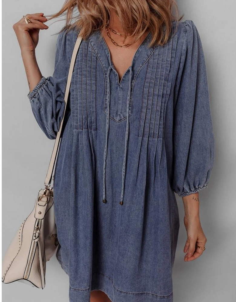 Sail Blue 3/4 Sleeve Tied V Neck Pleated Denim Mini Dress
