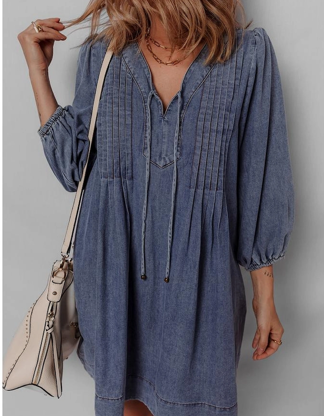 Sail Blue 3/4 Sleeve Tied V Neck Pleated Denim Mini Dress