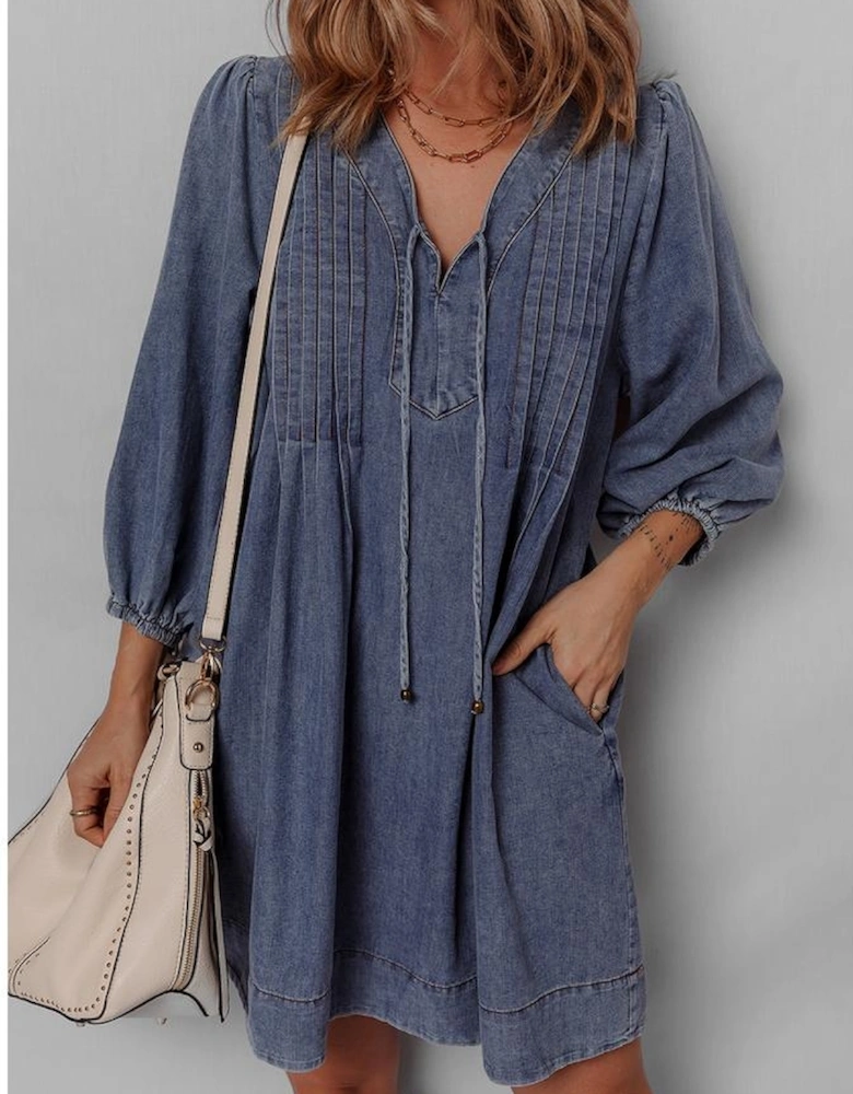 Sail Blue 3/4 Sleeve Tied V Neck Pleated Denim Mini Dress