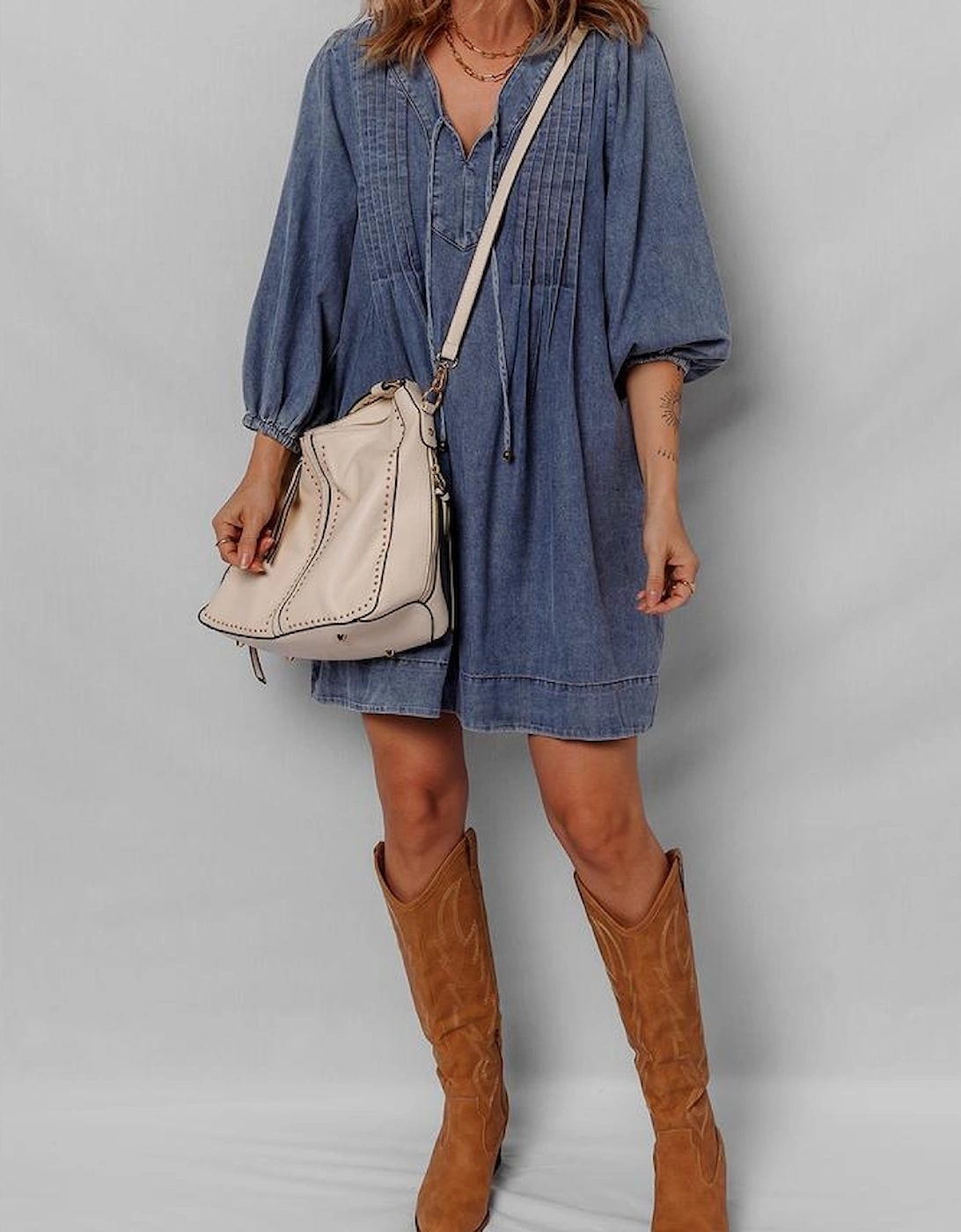Sail Blue 3/4 Sleeve Tied V Neck Pleated Denim Mini Dress