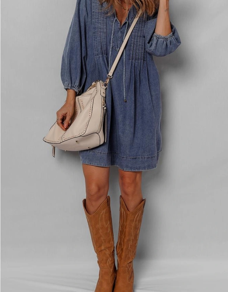 Sail Blue 3/4 Sleeve Tied V Neck Pleated Denim Mini Dress