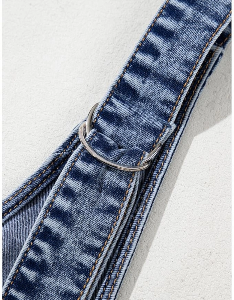 Dusk Blue Sleeveless U Neck Patched Pocket Denim Romper