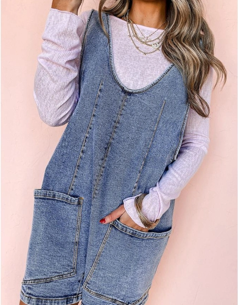 Dusk Blue Sleeveless U Neck Patched Pocket Denim Romper