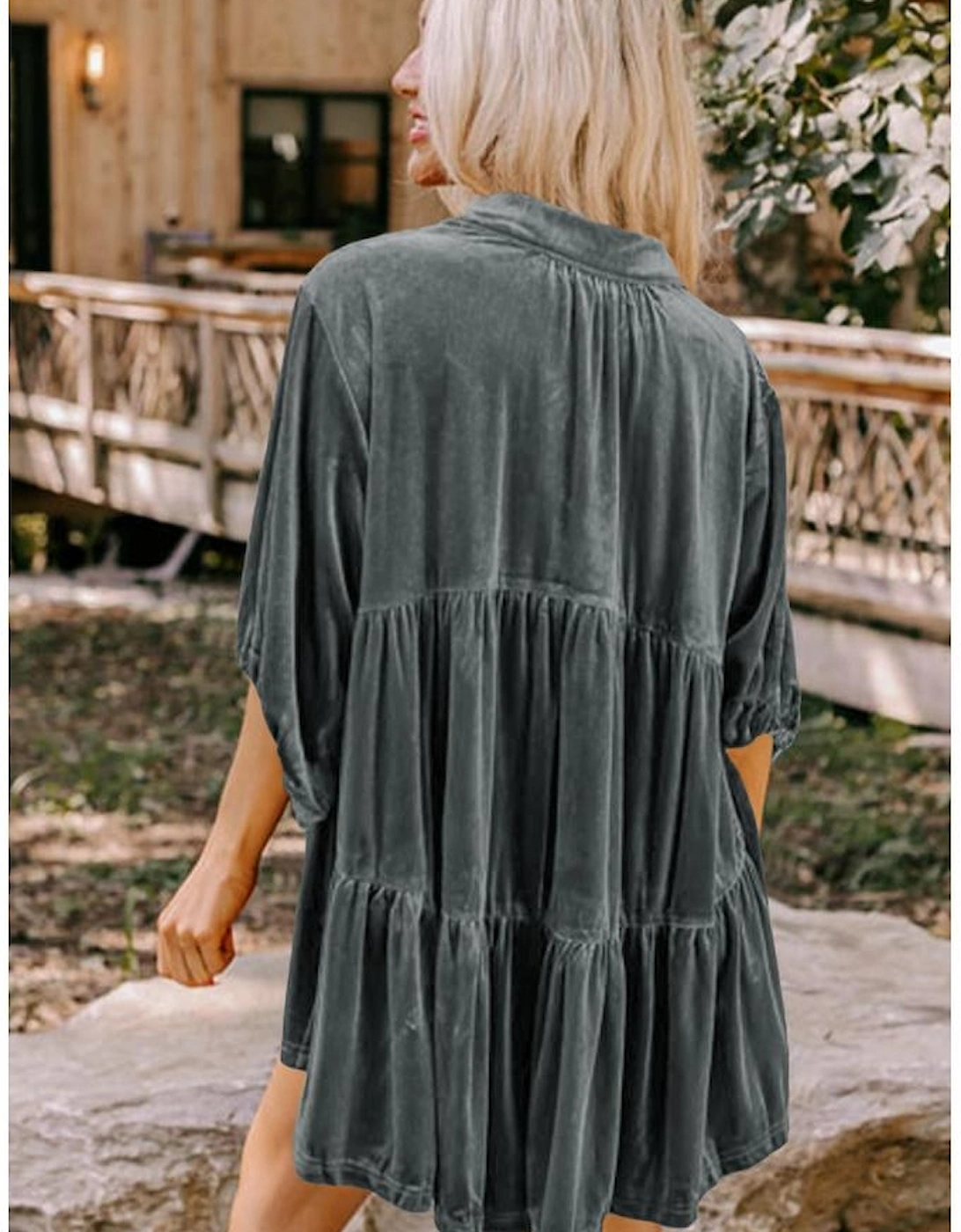 Azura Exchange Dark Grey 3/4 Sleeve Tunic Babydoll Velvet Shirt