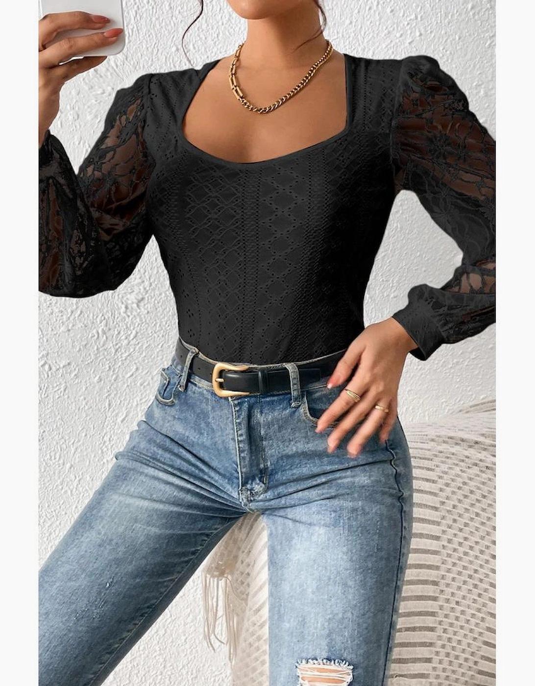 Black Frenchy Contrast Lace Bishop Sleeve Bodysuit