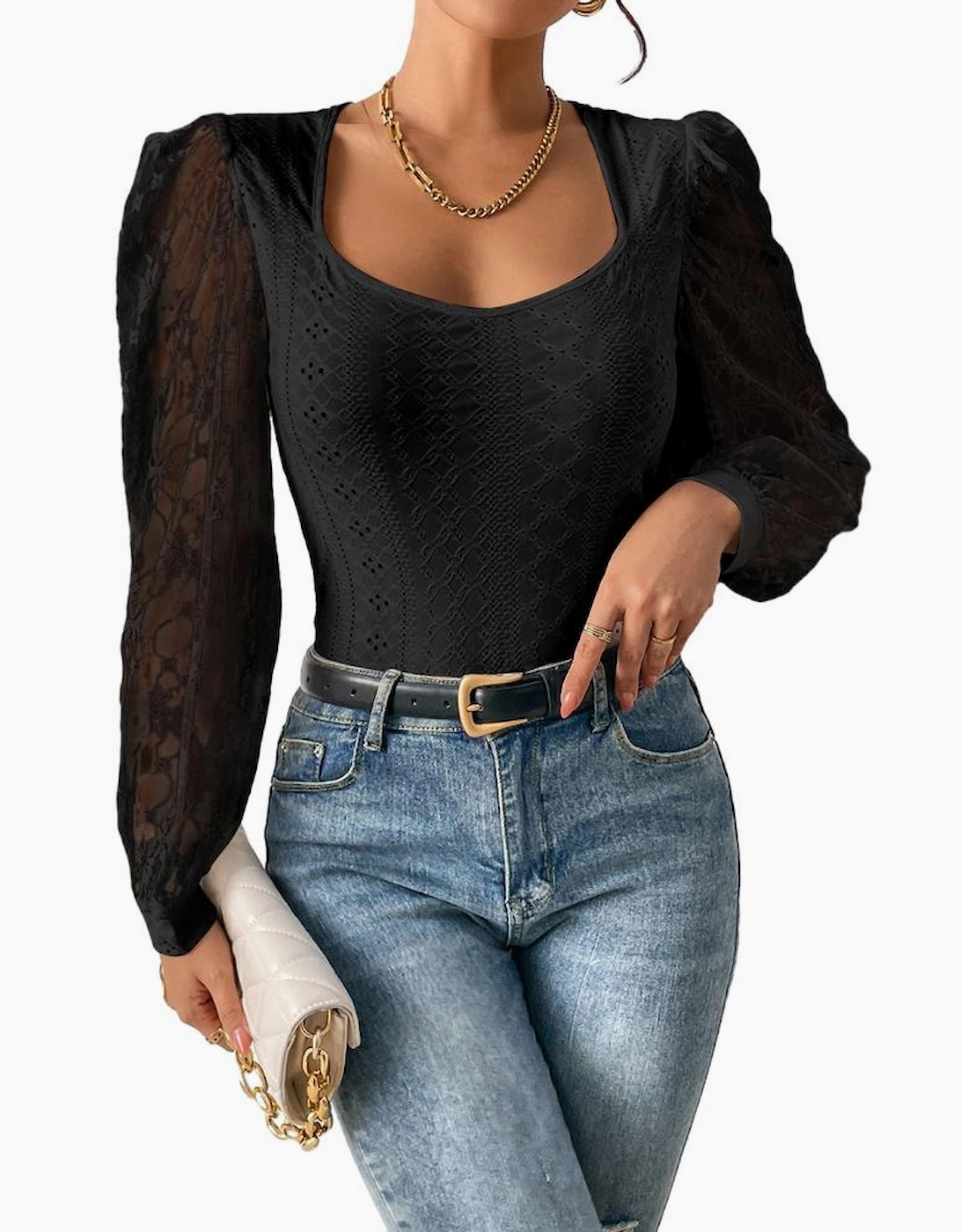 Black Frenchy Contrast Lace Bishop Sleeve Bodysuit