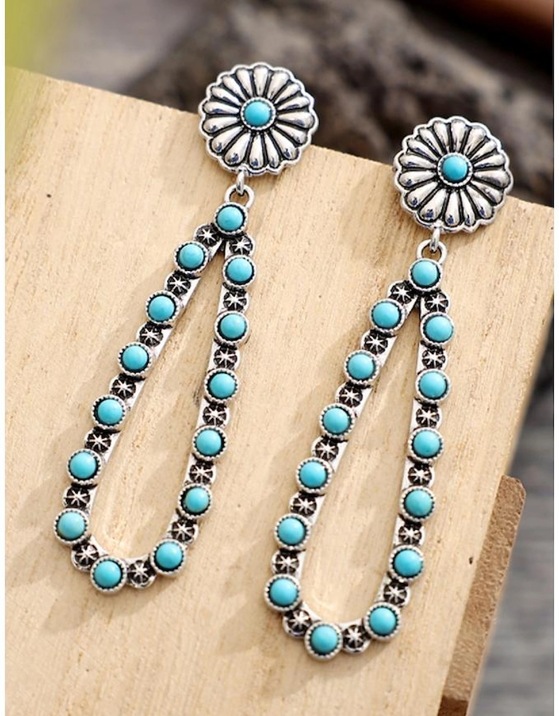 Silver Flower Turquoise Western Fashion Earrings
