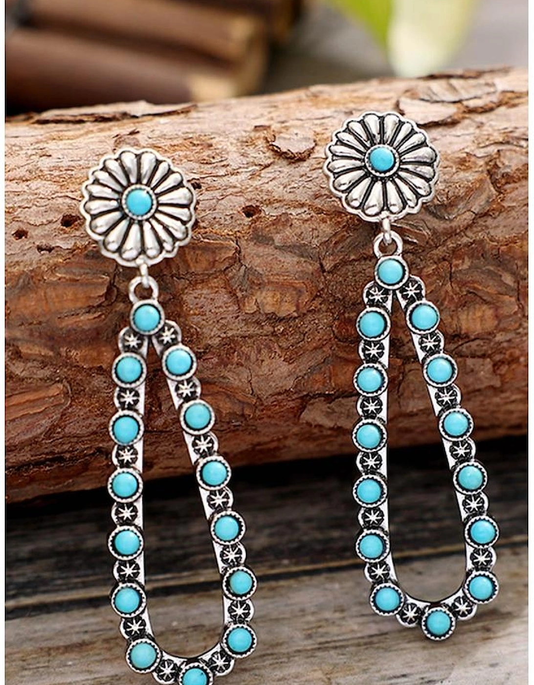 Silver Flower Turquoise Western Fashion Earrings