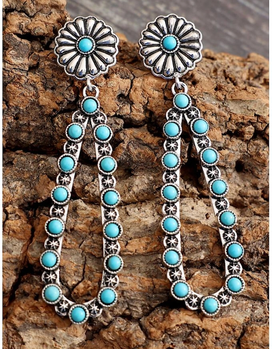Silver Flower Turquoise Western Fashion Earrings