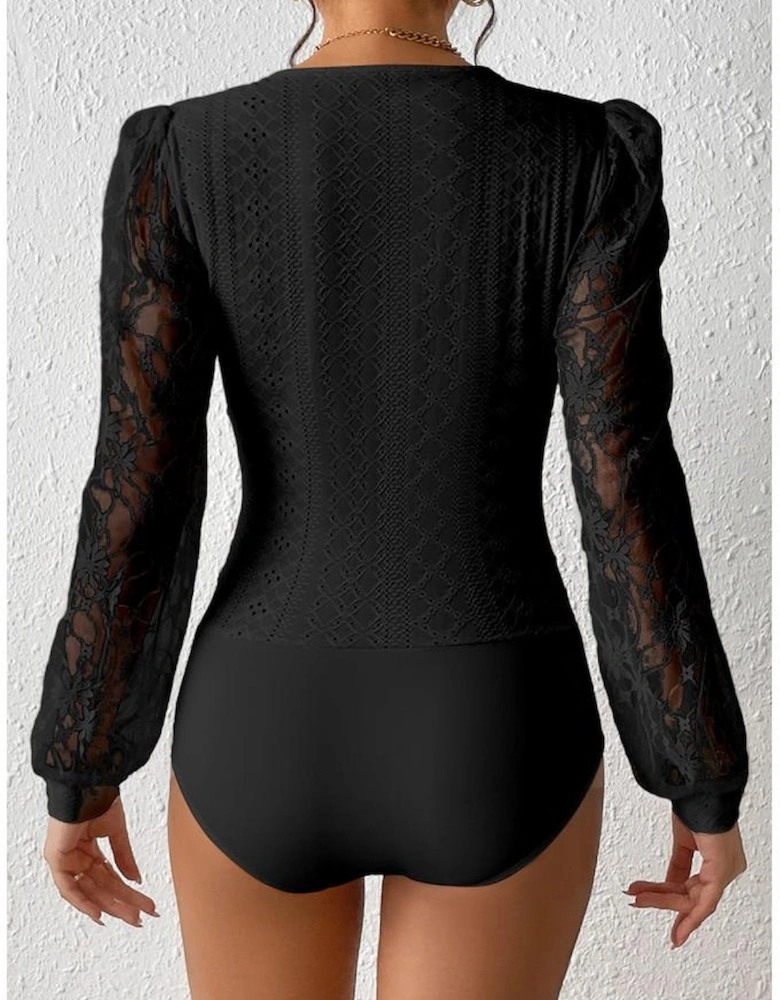 Black Frenchy Contrast Lace Bishop Sleeve Bodysuit