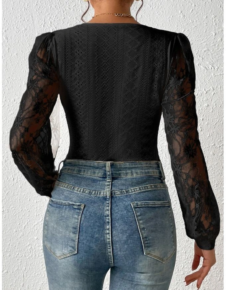 Black Frenchy Contrast Lace Bishop Sleeve Bodysuit