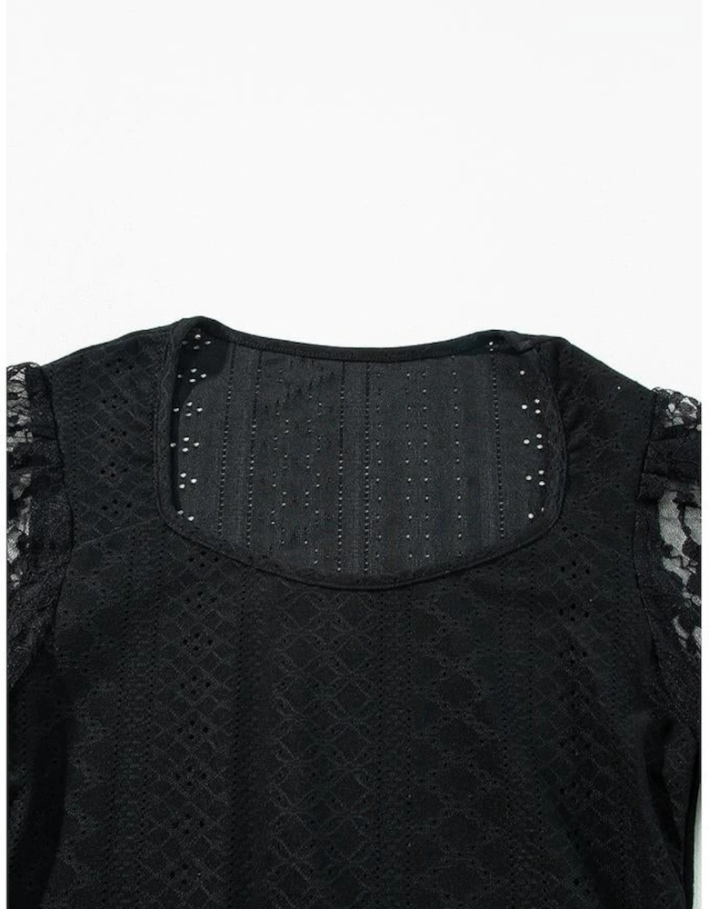 Black Frenchy Contrast Lace Bishop Sleeve Bodysuit