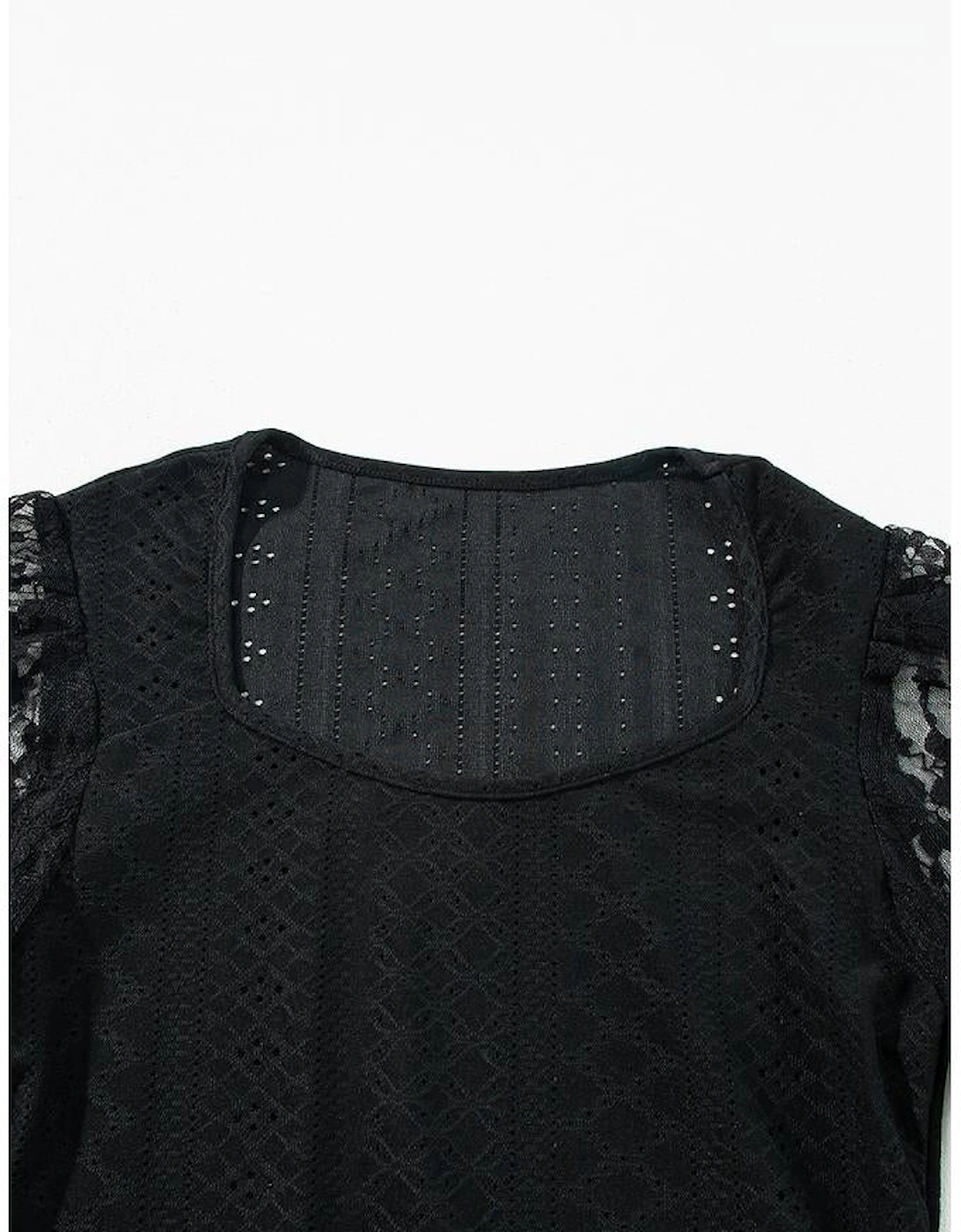 Black Frenchy Contrast Lace Bishop Sleeve Bodysuit